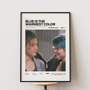 May include: Framed poster featuring the film "Blue is the Warmest Color." The poster has a black frame and displays a movie still of two women. The title is printed in bold, white letters at the top.