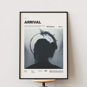 Pode incluir: Um poster emoldurado do filme "Arrival" com uma imagem em tons de cinza da silhueta de uma pessoa com um design circular acima da cabeça. O título "ARRIVAL" está no topo, com o nome do diretor abaixo da imagem.