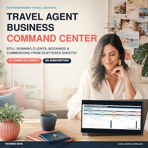 Könnte beinhalten: Eine digitale Produktwerbung mit dem Titel Travel Agent Business Command Center für unabhängige Reiseberater. Der Text thematisiert die Verwaltung von Buchungen und Provisionen, 22 verknüpfte Tabellen und kein Abonnement.