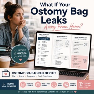 Könnte beinhalten: Ein digitales Ostomy Go-Bag Builder Kit auf einem Laptop-Bildschirm mit einem Notfallplan für öffentliche Toiletten, einer Packliste und einer Reisecheckliste. Das Set enthält druckbare und ausfüllbare PDFs zur Planung und Vorbereitung.