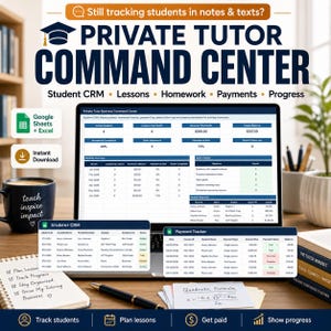 Könnte beinhalten: Ein digitales Private Tutor Command Center Dashboard auf einem Laptop-Bildschirm mit Tools für Schülerverwaltung, Unterrichtsplanung, Hausaufgabenverfolgung, Zahlungsübersichten und Fortschrittskontrolle für Google Sheets und Excel.