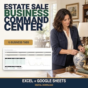 May include: A digital estate sale business command center template for Excel and Google Sheets. The graphic features the text ESTATE SALE BUSINESS COMMAND CENTER, 10 BUSINESS TABS, and EXCEL + GOOGLE SHEETS, alongside a dashboard spreadsheet view.