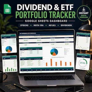 Könnte beinhalten: Ein digitales Dividend and ETF Portfolio Tracker Google Sheets Dashboard auf einem Laptop-Bildschirm. Die Benutzeroberfläche zeigt Finanzdaten wie Kontenallokation, monatliche Bardividenden und Erträge nach Beständen mit Diagrammen und Tabellen.