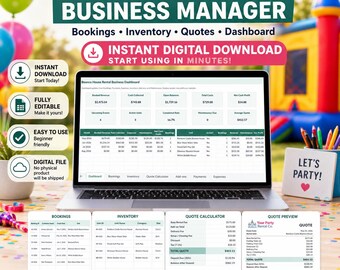 Bounce House Rental Business Spreadsheet, Party Rental Booking Tracker, Quote Calculator, Inventory, Excel Google Sheets
