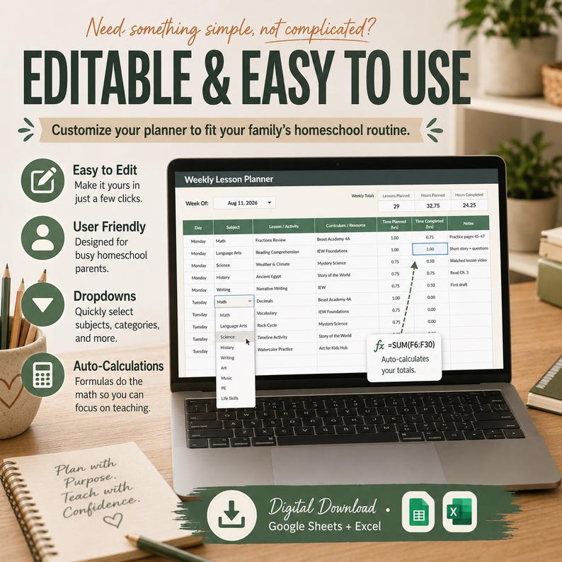 Thuisonderwijsplanner in Google Sheets en Excel, aanwezigheidsregistratie, lesplan, cijferboek en curriculumtracker. afbeelding 4