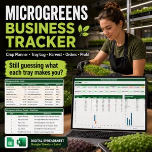 Microgreens Business Tracker Spreadsheet  Crop Planner, Tray Log, Harvest Log, Orders & Profit Calculator