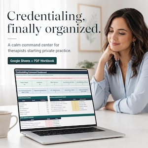 Könnte beinhalten: Ein Laptop-Bildschirm mit einem Credentialing Command Dashboard, das Datentabellen für den Status der Kostenträger-Pipeline, Aktionswarteschlangen und Datenqualitätsprüfungen enthält. Der Text lautet Credentialing, finally organized. Google Sheets + PDF Workbook.