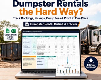 Dumpster Rental Business Tracker Google Sheets Excel Template, Dispatch Schedule, Dump Fee Log, Payments & Profit Dashboard