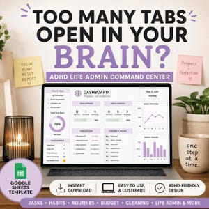 ADHD Life Planner Google Sheets, Life Admin Command Center, Brain Dump, Task Tracker, Habit, Budget & Routine Planner
