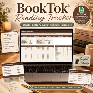 K&ouml;nnte beinhalten: Ein Laptop zeigt einen digitalen Lesetracker mit dem Text "BookTok Reading Tracker". Das Bild enth&auml;lt eine TBR-Liste, eine B&uuml;cherregalansicht und ein Leseprotokoll. Das Design ist f&uuml;r eine digitale Google Sheets-Bibliotheksvorlage.
