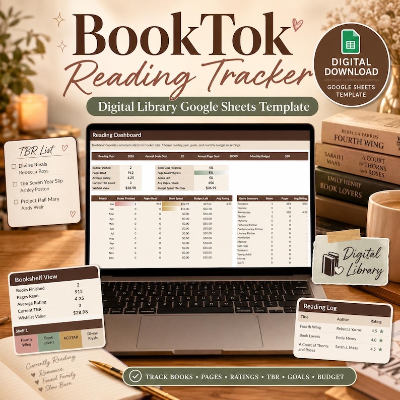 K&ouml;nnte beinhalten: Ein Laptop zeigt einen digitalen Lesetracker mit dem Text "BookTok Reading Tracker". Das Bild enth&auml;lt eine TBR-Liste, eine B&uuml;cherregalansicht und ein Leseprotokoll. Das Design ist f&uuml;r eine digitale Google Sheets-Bibliotheksvorlage.