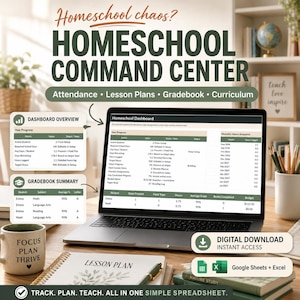 Könnte beinhalten: Eine digitale Homeschool-Kommandozentrale als Tabellenkalkulation auf einem Laptop-Bildschirm. Die Benutzeroberfläche umfasst eine Dashboard-Übersicht, eine Notenübersicht und Fortschrittsanzeigen. Der Text enthält Homeschool chaos? HOMESCHOOL COMMAND CENTER, Attendance, Lesson Plans, Gradebook, Curriculum und Google Sheets + Excel.