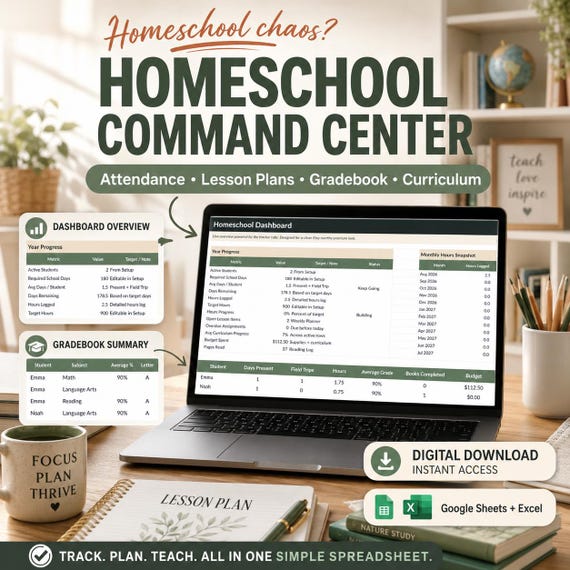 Homeschool Planner Google Sheets and Excel, Attendance Tracker, Lesson Plan, Gradebook & Curriculum Tracker