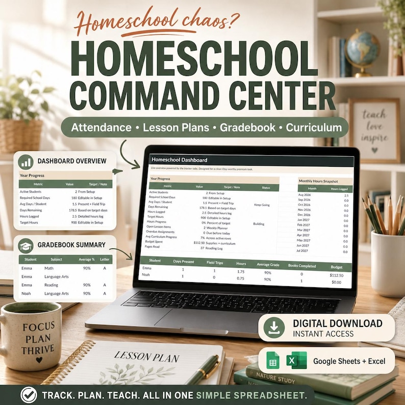 Op de afbeelding: Een digitaal homeschool command center spreadsheet weergegeven op een laptopscherm. De interface bevat een dashboardoverzicht, cijferlijstsamenvatting en voortgangstrackers. Tekst bevat Homeschool chaos? HOMESCHOOL COMMAND CENTER, Attendance, Lesson Plans, Gradebook, Curriculum en Google Sheets + Excel.