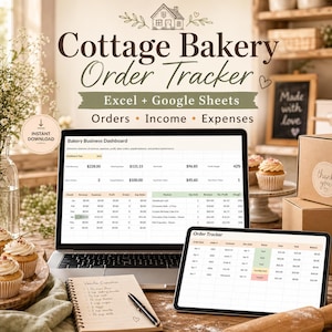 Può includere: Un foglio di calcolo digitale per il monitoraggio degli ordini di una panetteria visualizzato su uno schermo di un portatile e di un tablet. L'interfaccia mostra una dashboard con dati su ricavi, spese e profitti, accanto a un taccuino.