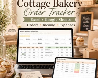 Cottage Bakery Order Tracker Excel & Google Sheets, Home Bakery Business Spreadsheet, Income Expense, Inventory and Profit Dashboard