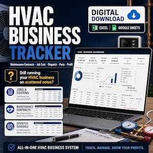 Könnte beinhalten: Eine digitale HVAC-Geschäftstracker-Vorlage für Excel und Google Sheets auf einem Laptop-Bildschirm. Das Dashboard zeigt Umsatz, Gewinn und Auftragskosten. Der Text umfasst HVAC BUSINESS TRACKER, DIGITAL DOWNLOAD und ALL-IN-ONE HVAC BUSINESS SYSTEM.