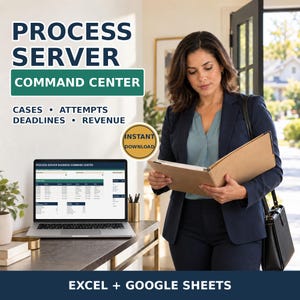 Könnte beinhalten: Eine digitale Vorlage für ein Prozessserver-Befehlszentrum, kompatibel mit Excel und Google Sheets. Die Benutzeroberfläche zeigt Felder für Fälle, Versuche, Fristen und Einnahmen. Ein goldenes kreisförmiges Abzeichen zeigt einen Sofort-Download an.