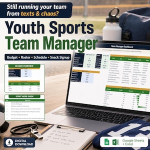 Youth Sports Team Manager Spreadsheet, Team Mom Budget, Roster, Schedule, Snack Signup, Google Sheets Excel