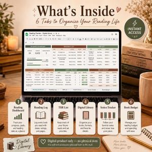 K&ouml;nnte beinhalten: Ein Laptop zeigt einen digitalen Lesetracker mit sechs Tabs zur Organisation des Lesens. Das Bild enth&auml;lt B&uuml;cher, eine Tasse und den Text "What's Inside: 6 Tabs to Organize Your Reading Life". Es ist ein digitales Produkt.