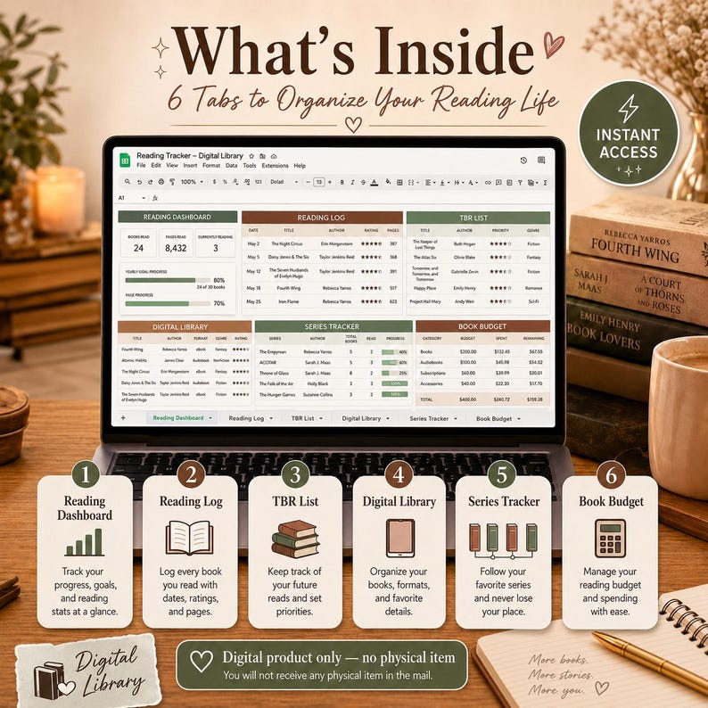 K&ouml;nnte beinhalten: Ein Laptop zeigt einen digitalen Lesetracker mit sechs Tabs zur Organisation des Lesens. Das Bild enth&auml;lt B&uuml;cher, eine Tasse und den Text "What's Inside: 6 Tabs to Organize Your Reading Life". Es ist ein digitales Produkt.