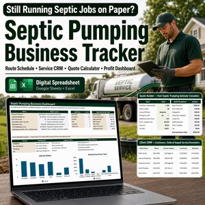 Könnte beinhalten: Eine digitale Tabellenkalkulation zur Nachverfolgung von Klärgruben-Pumpgeschäften für Google Sheets und Excel. Die Oberfläche zeigt ein Business-Dashboard mit Umsatzkennzahlen, Auftragsstatus-Diagrammen, einem Angebotsrechner und einem CRM.