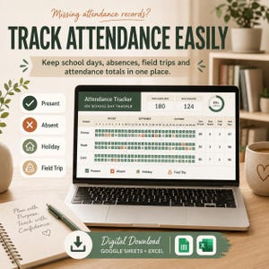 Op de afbeelding: Een digitale aanwezigheidstracker op een laptopscherm, met een spreadsheetindeling voor het bijhouden van aanwezigheid, afwezigheid, vakanties en excursies. De interface bevat tekstlabels zoals Missing attendance records?, TRACK ATTENDANCE EASILY en 180 SCHOOL DAY TRACKER, samen met iconen voor statusindicatoren.