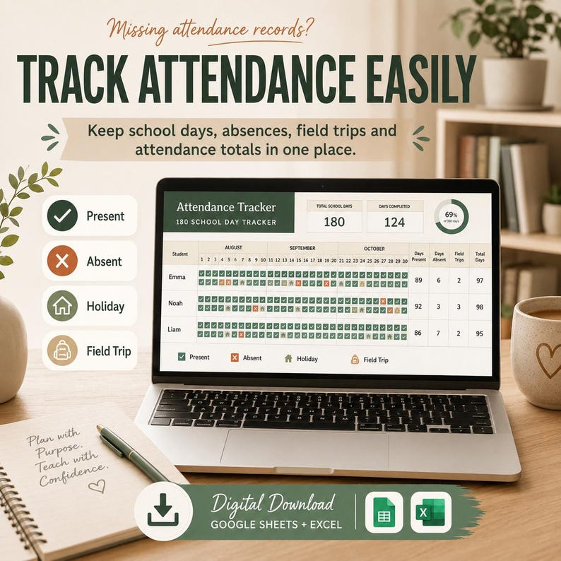 Op de afbeelding: Een digitale aanwezigheidstracker op een laptopscherm, met een spreadsheetindeling voor het bijhouden van aanwezigheid, afwezigheid, vakanties en excursies. De interface bevat tekstlabels zoals Missing attendance records?, TRACK ATTENDANCE EASILY en 180 SCHOOL DAY TRACKER, samen met iconen voor statusindicatoren.