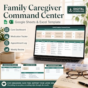 Könnte beinhalten: Eine digitale Family Caregiver Command Center Vorlage für Google Sheets und Excel. Das Display zeigt ein Dashboard mit Pflegeaufgaben, Medikamenten-Trackern, Terminprotokollen und wöchentlichen Übersichten mit entsprechenden Symbolen.