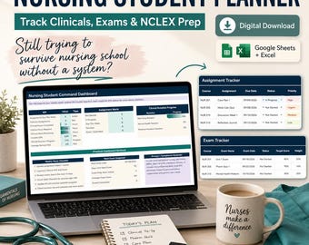 Nursing Student Planner Google Sheets, Clinical Hours Tracker, NCLEX Study & Assignment Organizer
