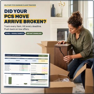 Op de afbeelding: Een digitaal spreadsheet-sjabloon voor de Military PCS Damage Claim Tracker voor Excel en Google Sheets. Het document bevat een dashboard voor schadeclaims met tabellen voor status, financiële positie en deadlines, plus de tekst: DID YOUR PCS MOVE ARRIVE BROKEN?