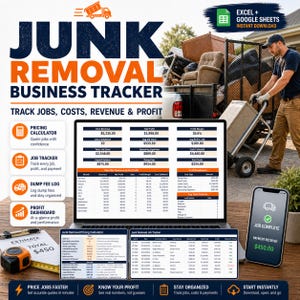 Könnte beinhalten: Ein digitaler Business-Tracker für Entrümpelungsdienste. Das Bild zeigt einen Laptop mit Finanzdaten, ein Smartphone mit Zahlungsbestätigung und eine Person, die einen Handwagen benutzt. Der Text enthält "Junk Removal Business Tracker" und "Track Jobs, Costs, Revenue & Profit."
