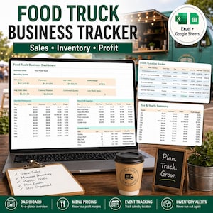 Könnte beinhalten: Ein Laptop mit einem Food-Truck-Business-Dashboard, das Verkaufs-, Inventar- und Gewinninformationen anzeigt. Eine Kaffeetasse, ein Notizblock mit Checkliste und eine kleine Tafel mit dem Text "Plan. Track. Grow." sind ebenfalls vorhanden.