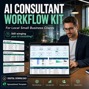 May include: An AI Consultant Workflow Kit digital download featuring a spreadsheet template. The graphic displays an AI Consultant Dashboard V2 on a laptop screen, alongside a Client CRM, ROI Calculator, and Proposal Builder for small businesses.