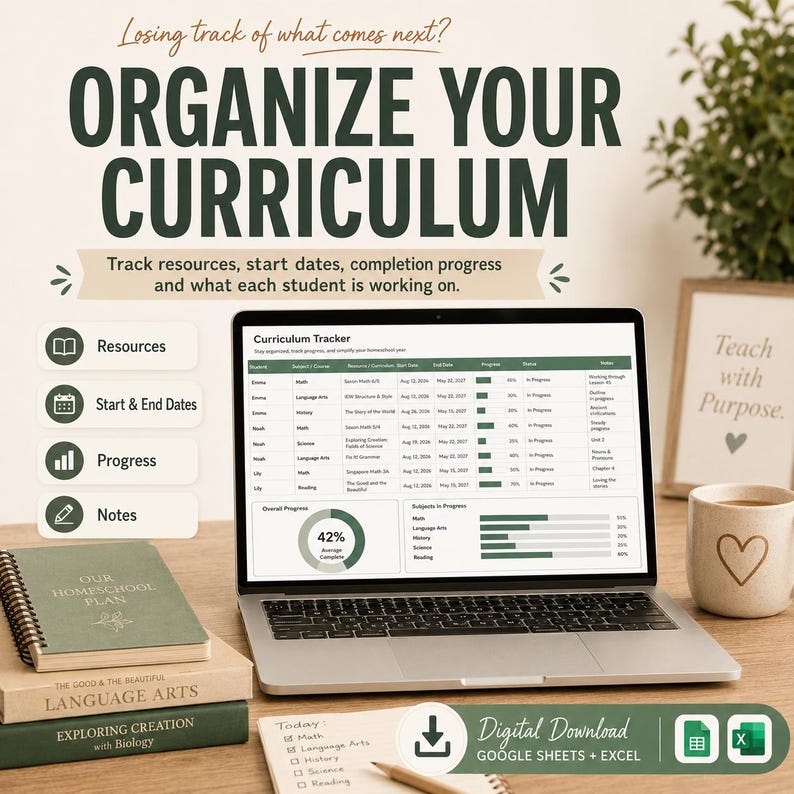 Op de afbeelding: Een digitale curriculum-tracker op een laptopscherm, met kolommen voor studenten, vakken, data en voortgang. De interface bevat een 42% voortgangsgrafiek, naast een stapel boeken, een mok en een notitieblok met een potlood.