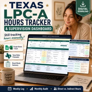 Könnte beinhalten: Ein digitaler Texas LPC-A Stunden-Tracker und ein Supervisions-Dashboard auf einem Laptop-Bildschirm. Die Benutzeroberfläche enthält Tabellen für Erfahrungszusammenfassungen, Regelprüfungen und Kategorienleitfäden. Ein weißer Becher mit Text steht daneben.