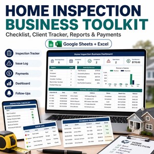 Könnte beinhalten: Ein Home-Inspection-Business-Toolkit mit einem Laptop, der ein Dashboard anzeigt, einem Tablet, das eine Checkliste anzeigt, und anderen Dokumenten. Das Toolkit umfasst einen Client-Tracker, Berichte und Zahlungsfunktionen. Der Text auf dem Bildschirm lautet "Home Inspection Business Toolkit".
