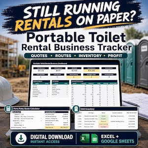 Könnte beinhalten: Ein digitaler Tracker für ein Mietgeschäft mit mobilen Toiletten auf einem Laptop-Bildschirm. Das Dashboard zeigt Einnahmen, Ausgaben, Gewinn und Inventar. Text beinhaltet: STILL RUNNING RENTALS ON PAPER? und DIGITAL DOWNLOAD.