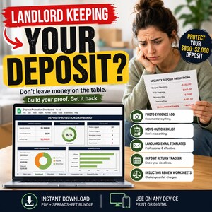 Peut inclure: Un tableau de bord numérique de protection des dépôts affiché sur un écran d'ordinateur portable, avec des graphiques et des tableaux de données. Le texte inclut LANDLORD KEEPING YOUR DEPOSIT?, PROTECT YOUR $800-$2,000 DEPOSIT et des déductions.