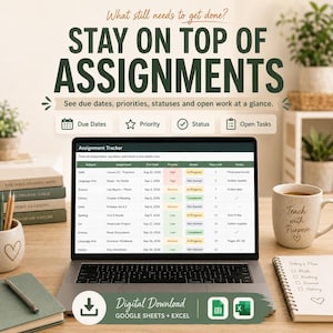 Op de afbeelding: Een digitale opdrachten-tracker op een laptopscherm, met kolommen voor onderwerp, opdracht, vervaldatum, prioriteit, status, resterende dagen en notities. De interface bevat pictogrammen voor vervaldatums, prioriteit en status.