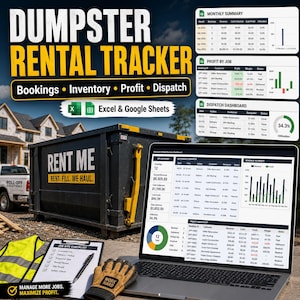 Dumpster Rental Business Tracker Excel Google Sheets, Roll Off Dumpster Booking Spreadsheet, Dump Fee Log, Inventory, Dispatch, Profit Dashb