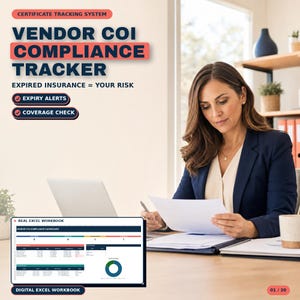 Könnte beinhalten: Eine digitale Excel-Arbeitsmappe zur Verfolgung der COI-Konformität von Anbietern mit Dashboard, Datentabellen, Ringdiagramm und Statusanzeigen. Der Text lautet Certificate Tracking System, Vendor COI Compliance Tracker und Expired Insurance = Your Risk.
