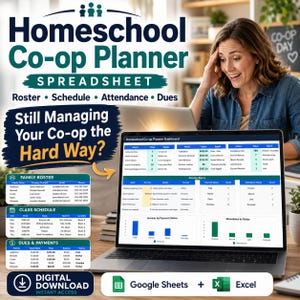 Homeschool Co-op Planner Spreadsheet, Family Roster, Class Schedule, Attendance, Volunteer & Dues Tracker Excel Google Sheets