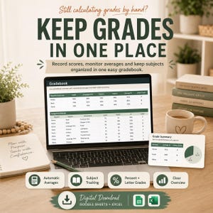 Op de afbeelding: Een digitaal cijferlijstsjabloon voor Google Sheets en Excel weergegeven op een laptopscherm. De interface toont namen van leerlingen, vakken, scores en gemiddelden. De tekst luidt: "KEEP GRADES IN ONE PLACE."