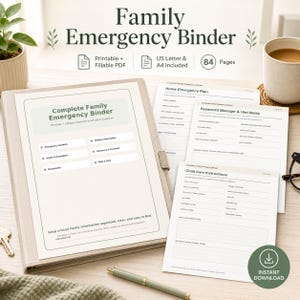 Könnte beinhalten: Ein beiger Familien-Notfallordner mit dem Text "Family Emergency Binder" und "Complete Family Emergency Binder". Der Ordner enthält druckbare und ausfüllbare PDF-Seiten, US Letter & A4-Formate und 84 Seiten. Der Ordner dient zur Organisation wichtiger Familieninformationen.