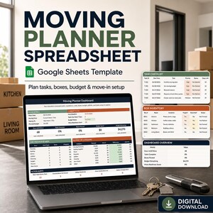 Könnte beinhalten: Eine digitale Umzugsplaner-Tabellenvorlage für Google Sheets auf einem Laptop-Bildschirm. Die Benutzeroberfläche zeigt ein Dashboard mit Aufgabenfortschritt, Budgetverfolgung und Aktionswarnungen sowie Inventarlisten.