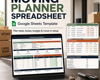 Moving Planner Spreadsheet, Google Sheets & Excel Moving Checklist, Box Inventory, Budget Tracker, New Home Template