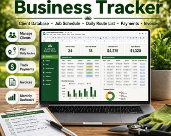 Lawn Care Business Tracker Excel & Google Sheets, Client Database, Job Schedule, Daily Route Planner, Payment Log, Invoice Template