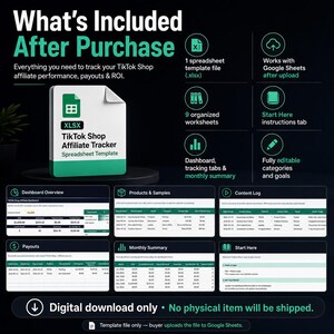 May include: Graphic showing the contents of a digital TikTok Shop Affiliate Tracker spreadsheet template. Includes a spreadsheet file, organized worksheets, dashboard, tracking tabs, monthly summary, and editable categories.
