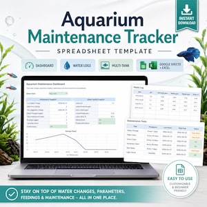 May include: An aquarium maintenance tracker spreadsheet template displayed on a laptop screen, featuring a dashboard, water logs, and maintenance tasks. The digital interface includes charts and tables for tracking water quality and tank care.